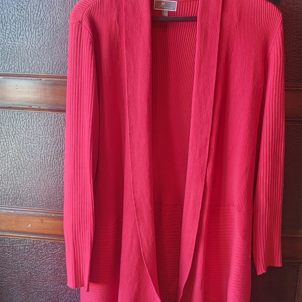 JM Collection Vibrant Red Open Cardigan - Picture 2 of 7